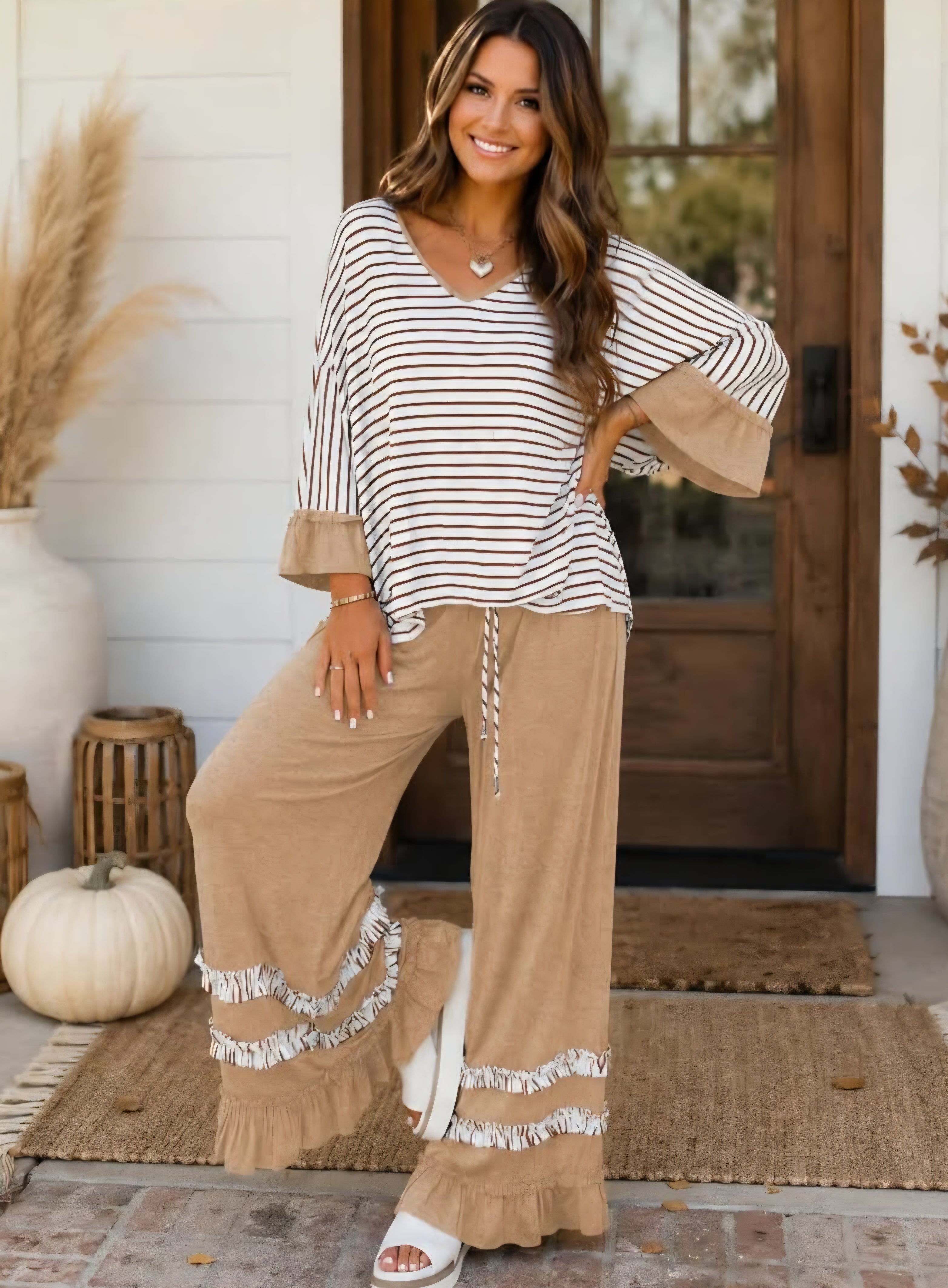 Stripe Top Ruffle Pant 2 Pc Set Tan *PREORDER*