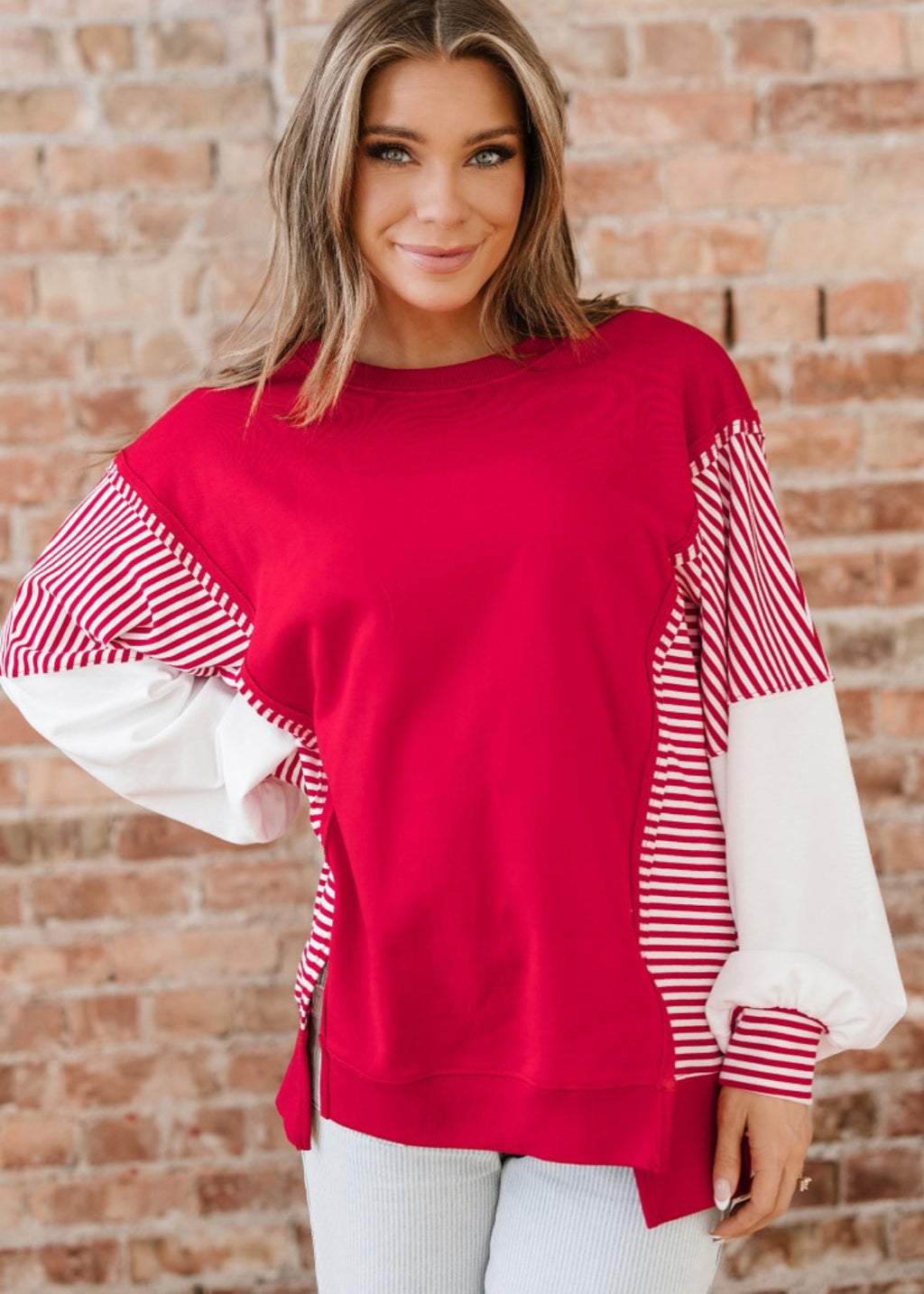 Red Stripe Sleeve Tunic Pullover  *PREORDER*