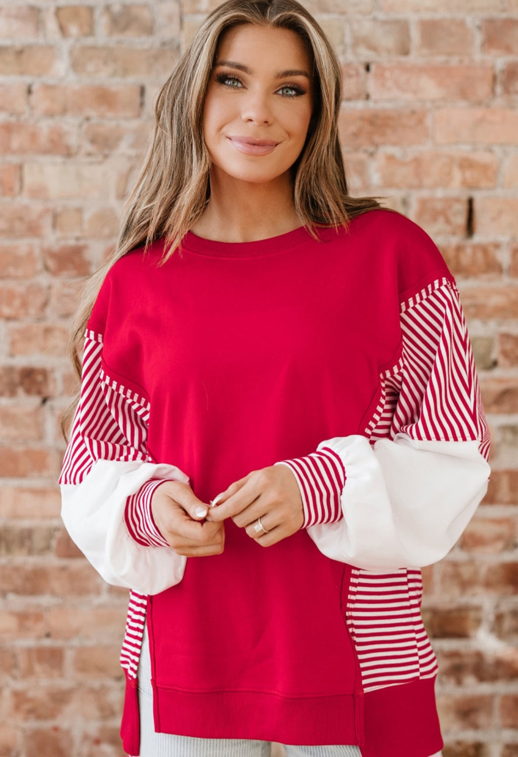 Red Stripe Sleeve Tunic Pullover  *PREORDER*