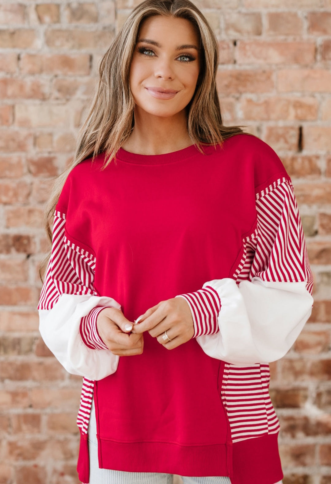 Red Stripe Sleeve Tunic Pullover  *PREORDER*