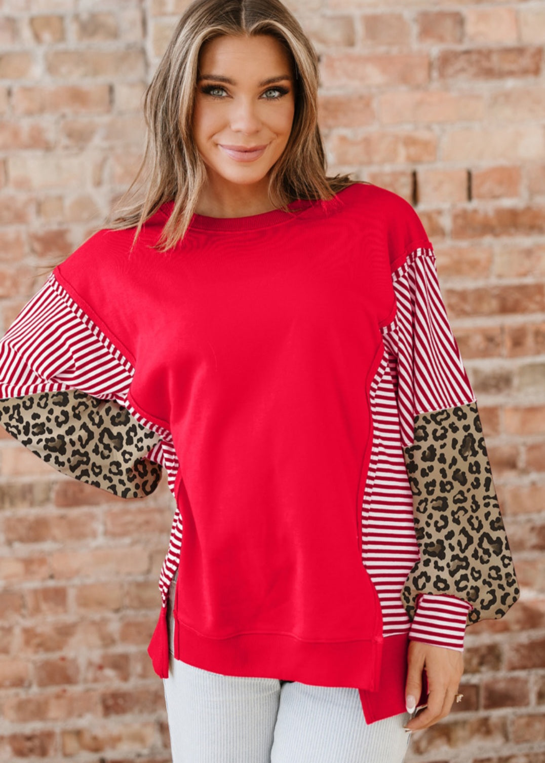 Red Leopard Sleeve Tunic Pullover  *PREORDER*