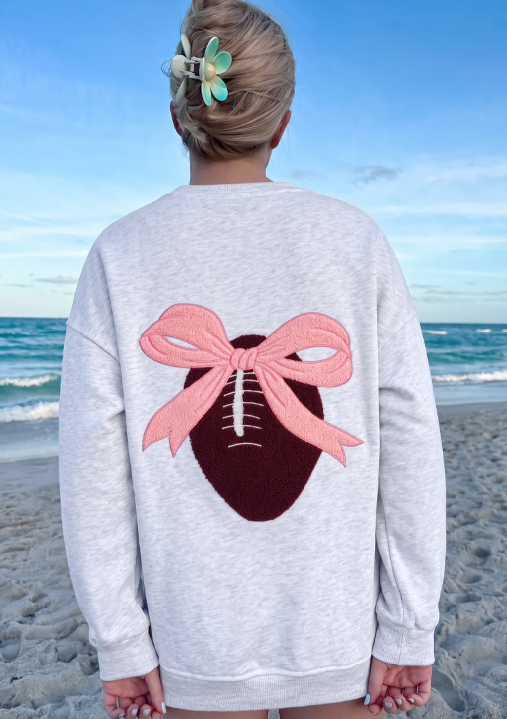 Chenille Embroidered Front/Back Football with Pink Bow Pullover *PREORDER*