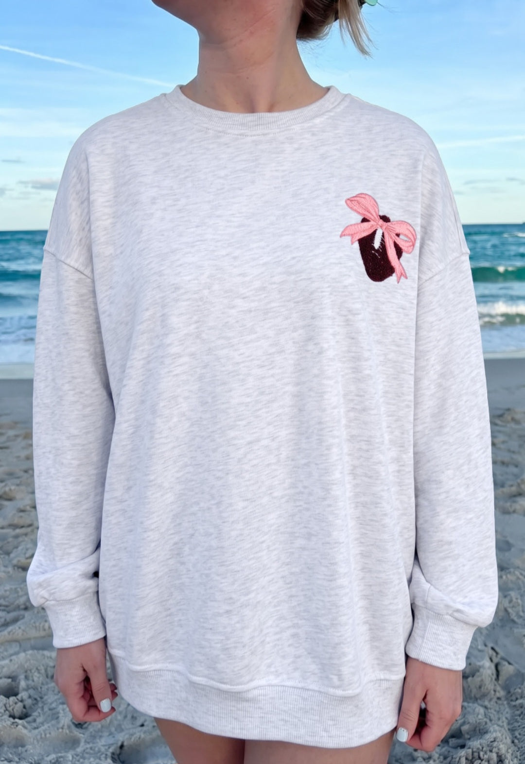 Chenille Embroidered Front/Back Football with Pink Bow Pullover *PREORDER*