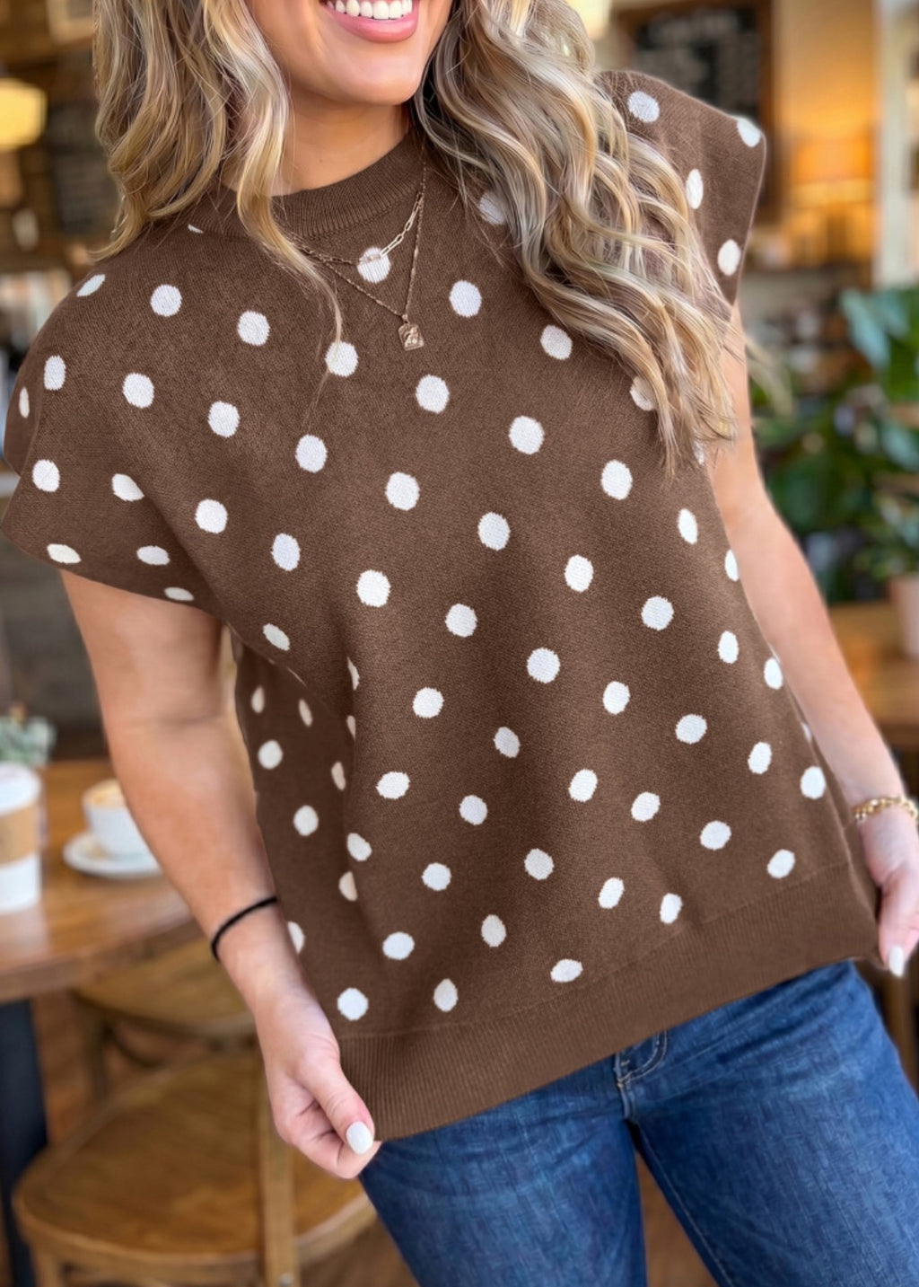 Brown Polka Dot Short Sleeve Sweater *PREORDER*