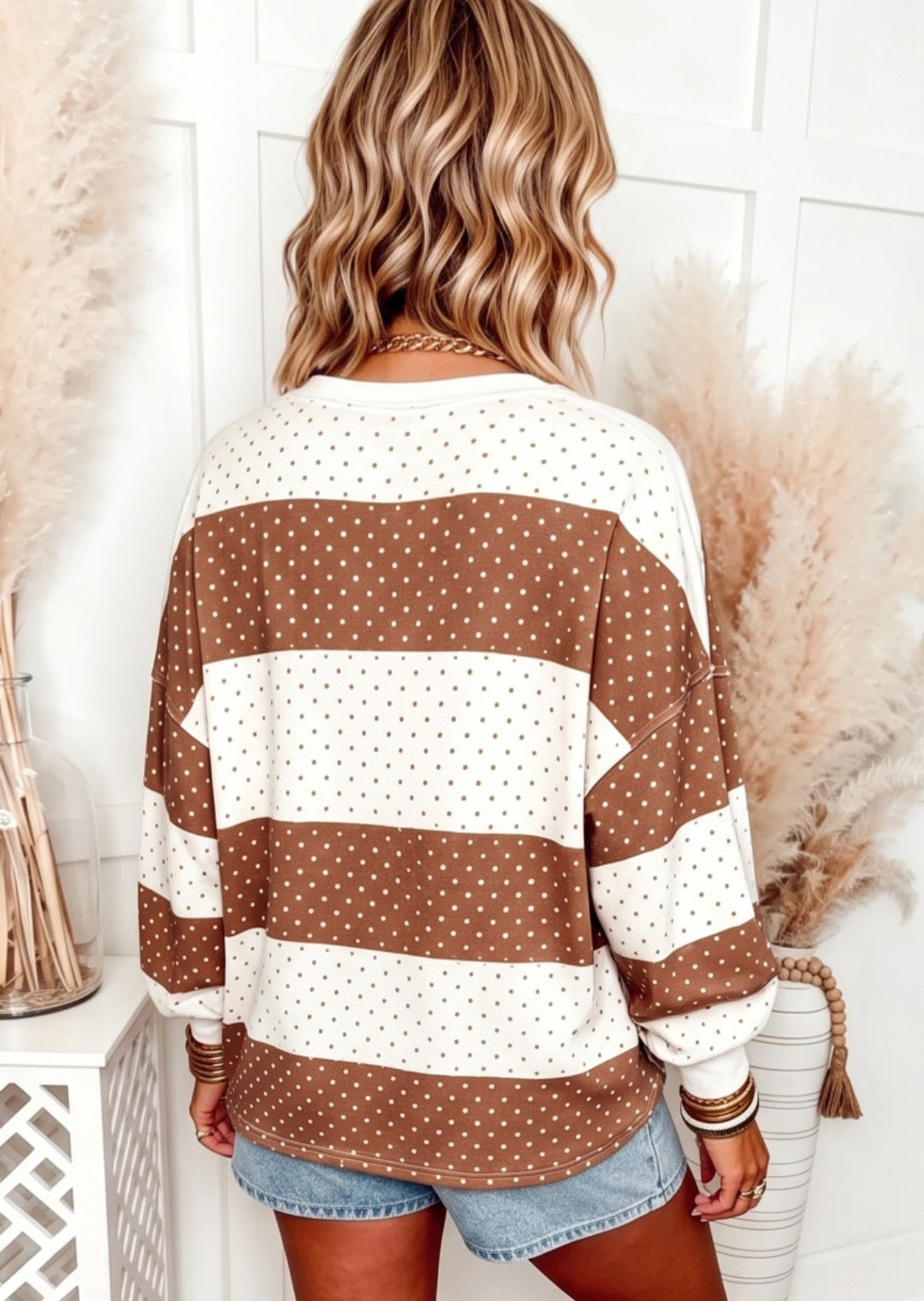 Drop Shoulder Bishop Sleeve Dot and Stripe Top *PREORDER*
