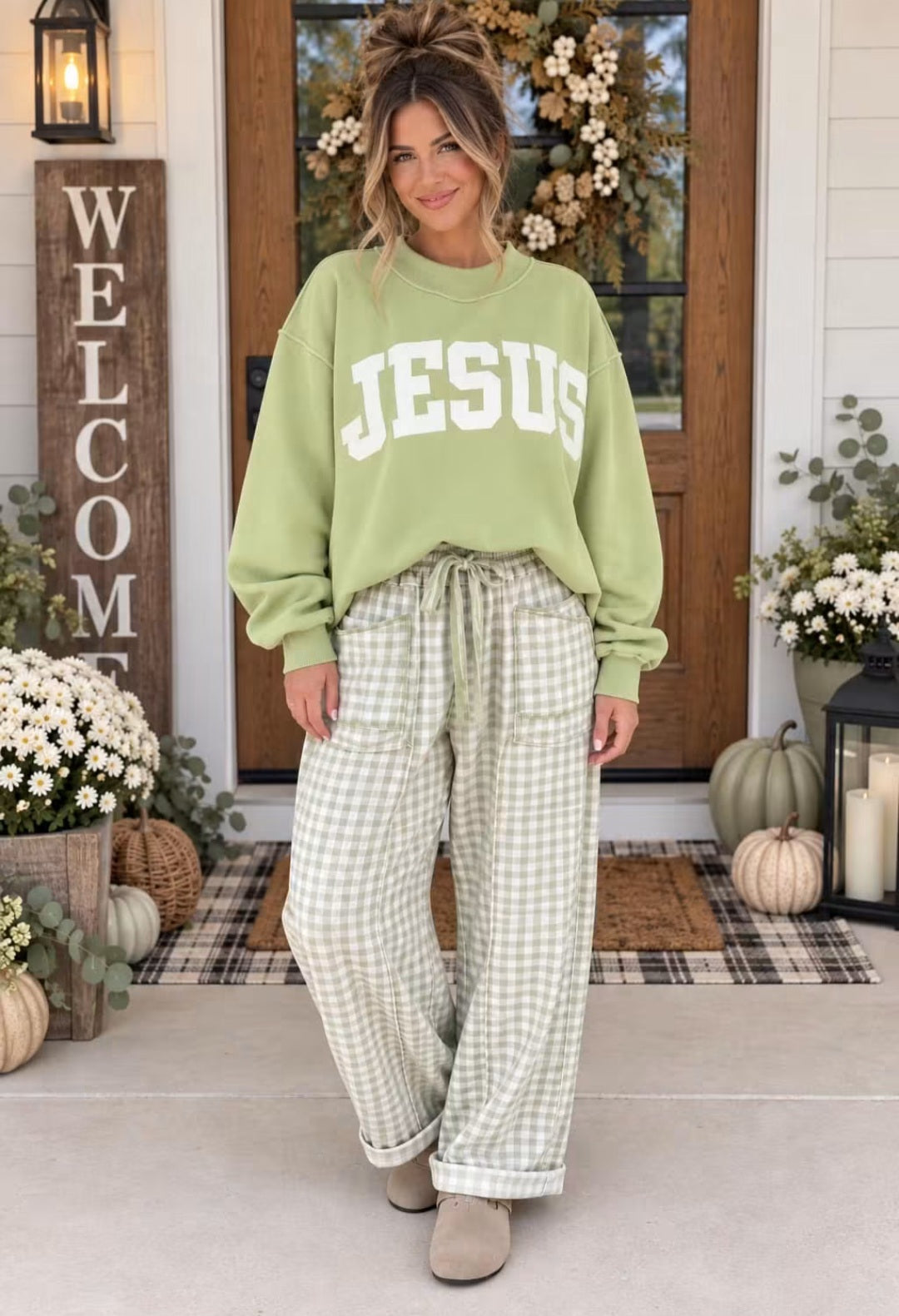 Jesus Applique Oversized Mock Neck Green *PREORDER*