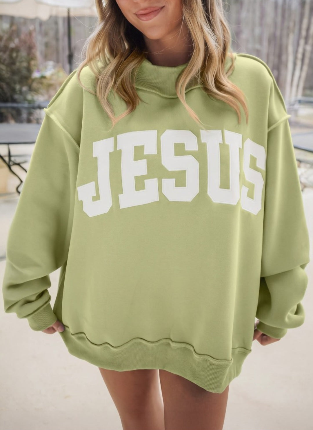 Jesus Applique Oversized Mock Neck Green *PREORDER*