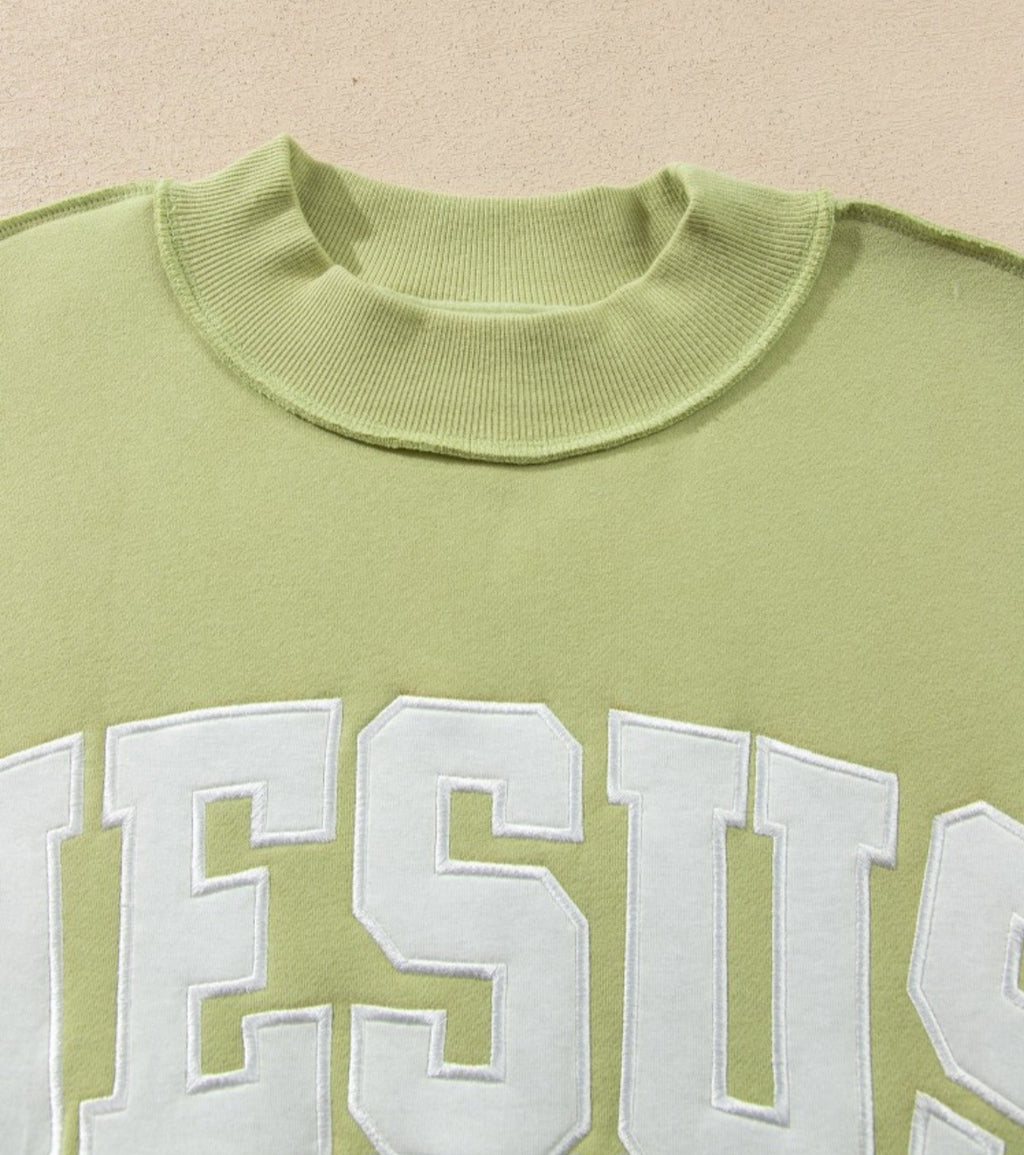 Jesus Applique Oversized Mock Neck Green *PREORDER*