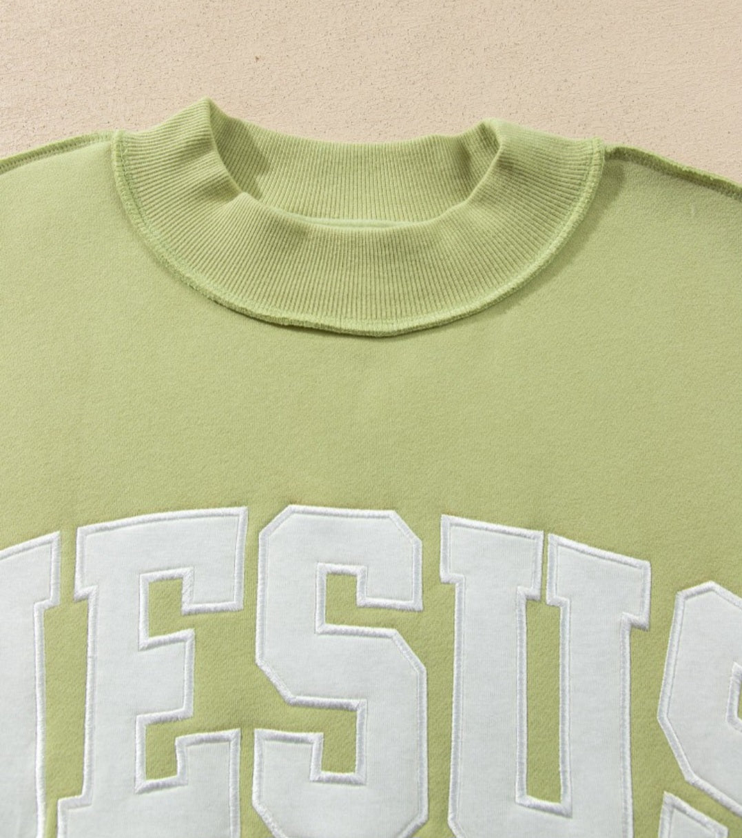 Jesus Applique Oversized Mock Neck Green *PREORDER*