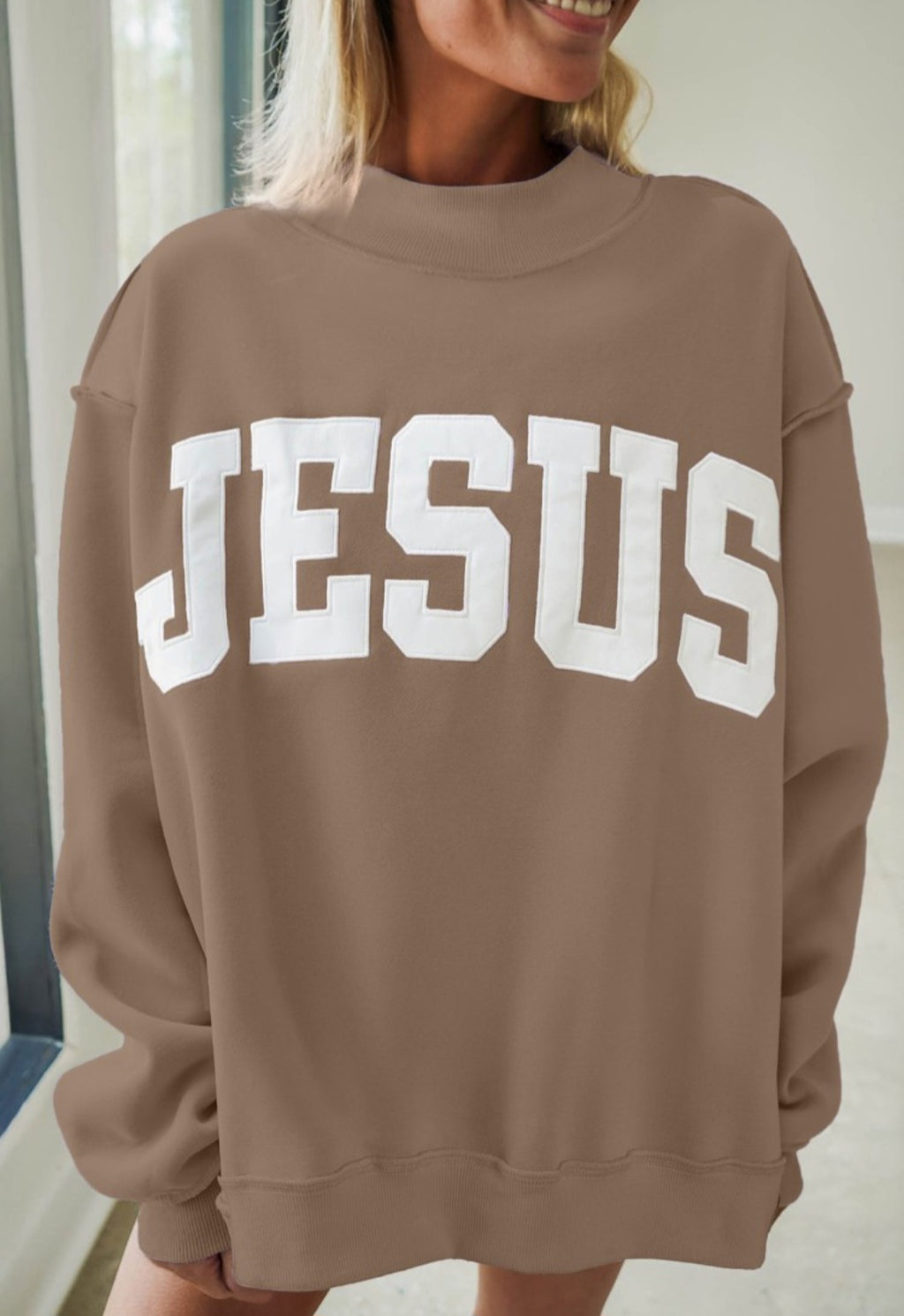 Jesus Applique Oversized Mock Neck Brown *PREORDER*