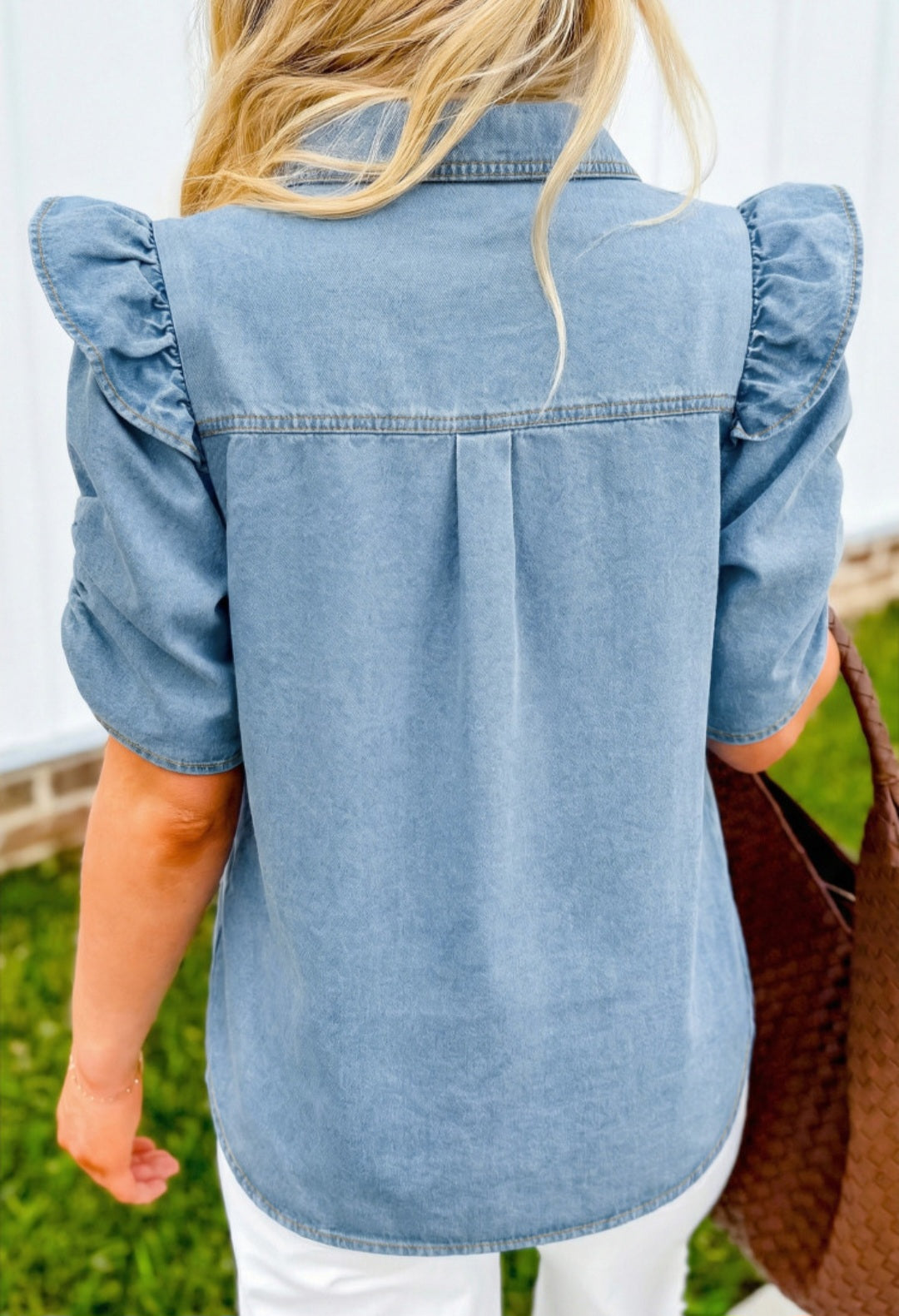 Ruffle Sleeve Chambray Top *PREORDER*