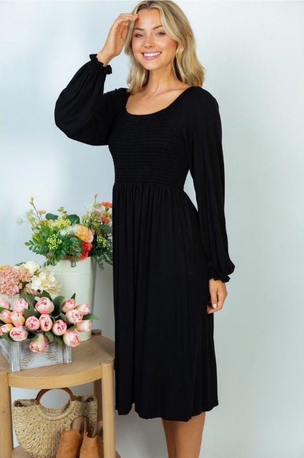 Smocked Bodice Black Jersey Dress