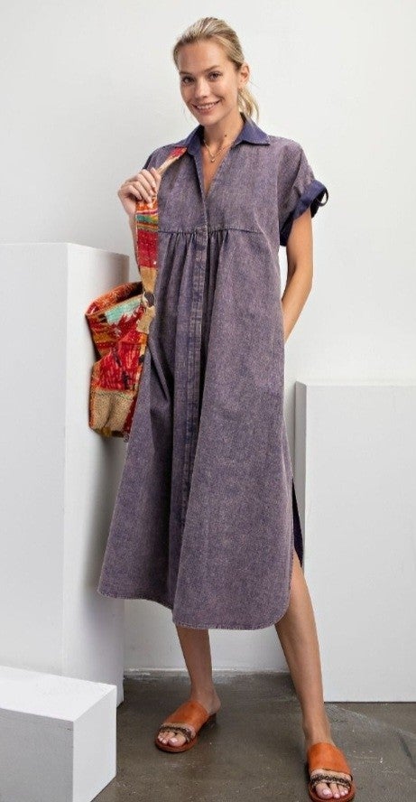 Easel Linen Blend Short Sleeve Midi Dress Blueberry