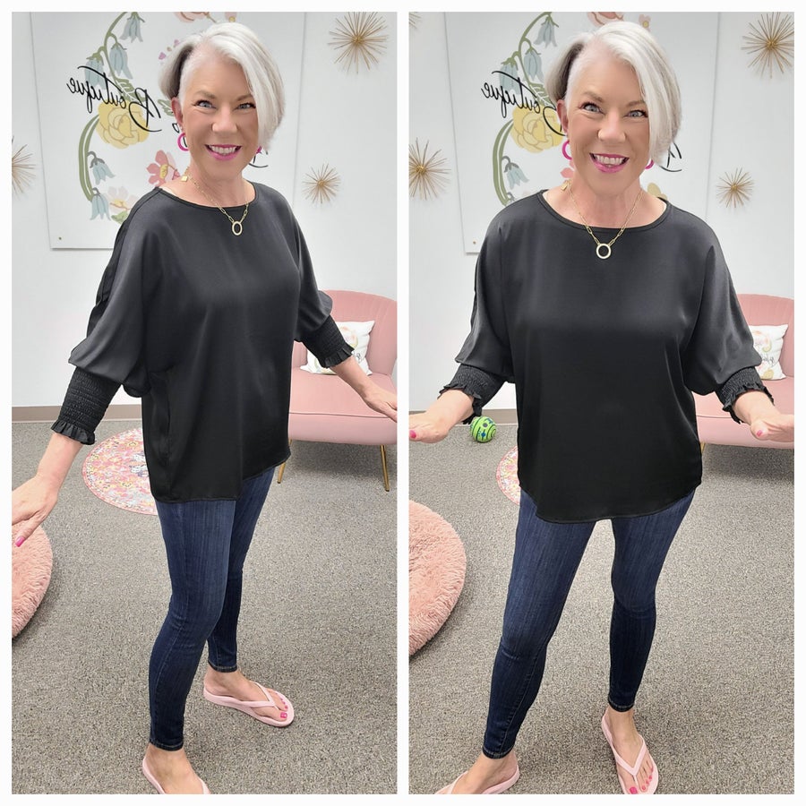 Black Satin Smocked Sleeve Tunic Top