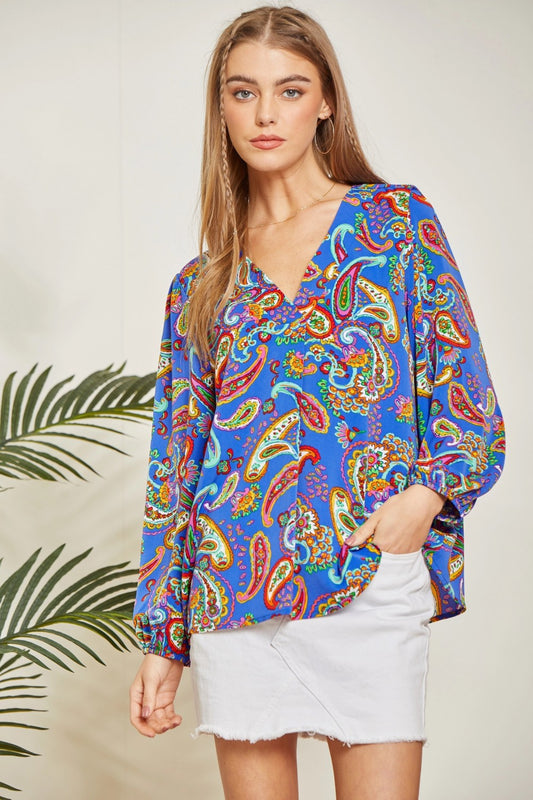 Everly V-Neck Blouse in Royal Paisley