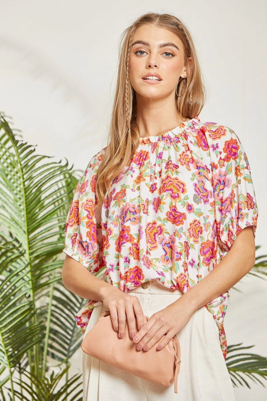 Pink Begonias Stretch Neck Blouse