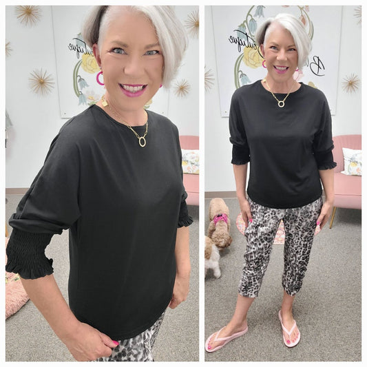 Jersey Smocked Sleeve Tee Black