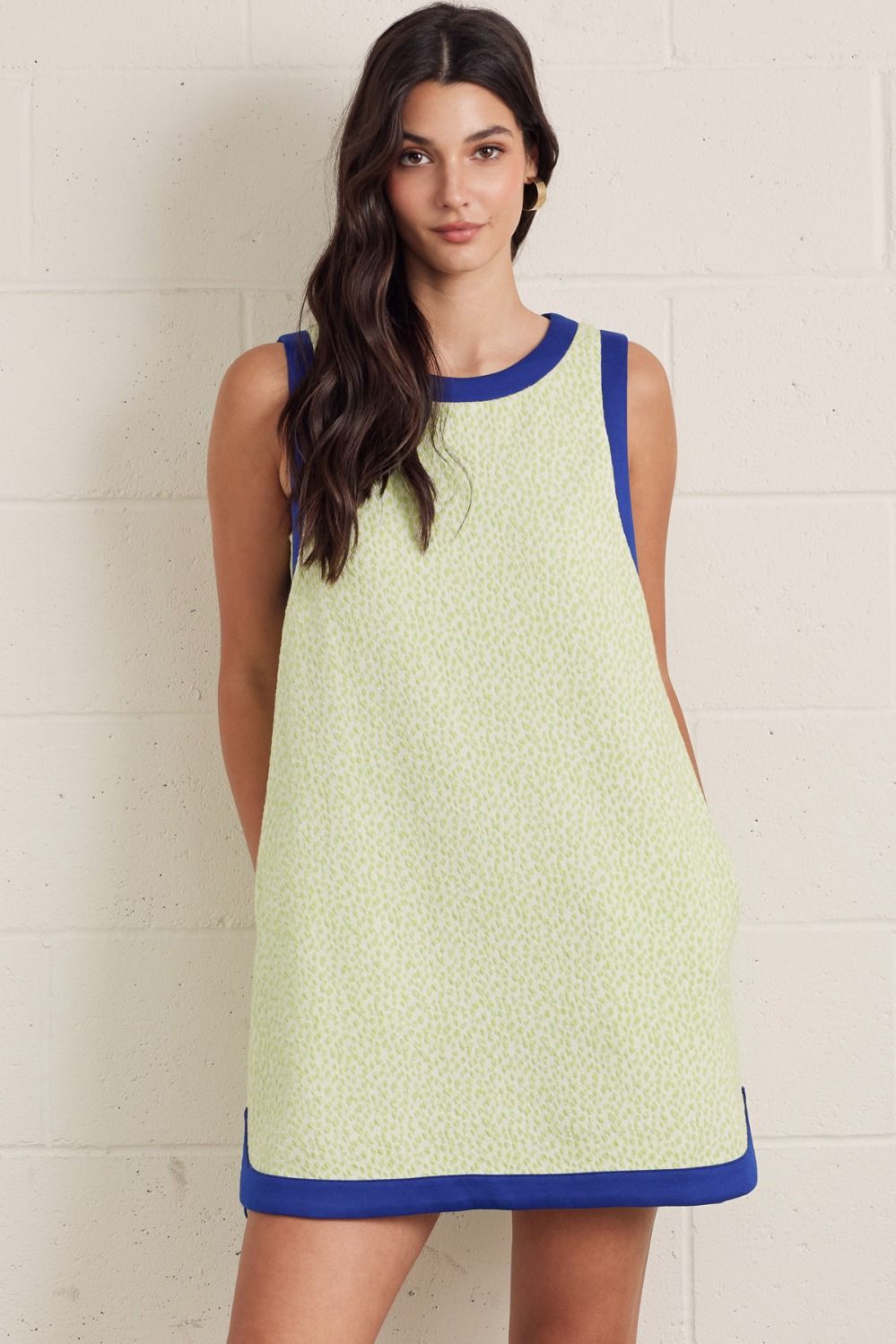 Entro Subtle Leopard Contast Sleeveless Dress Lime