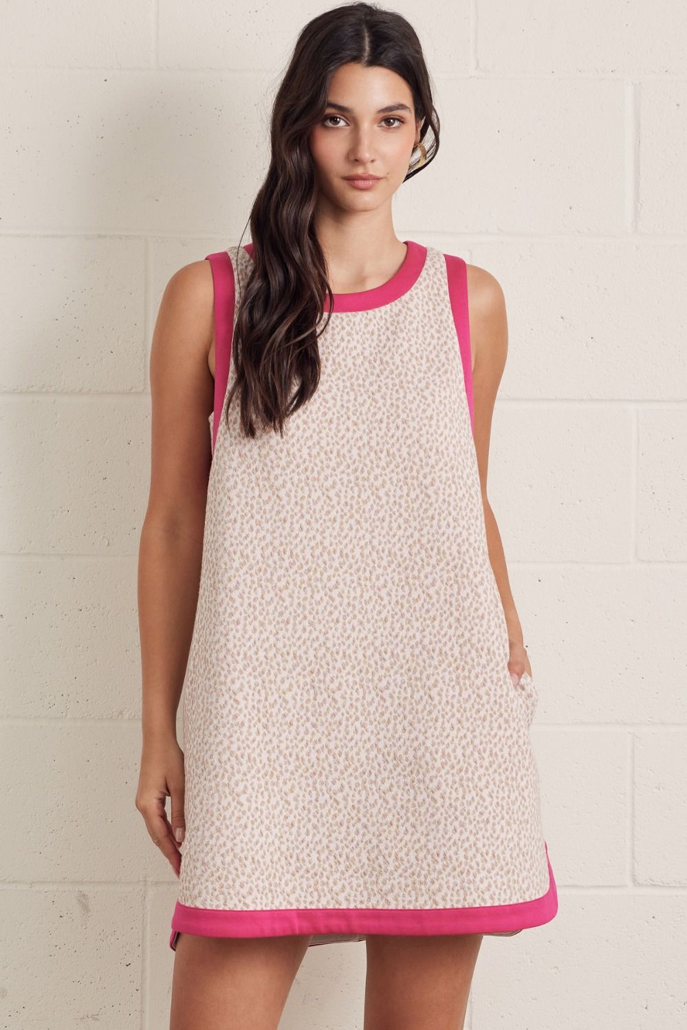 Entro Subtle Leopard Contast Sleeveless Dress Oatmeal