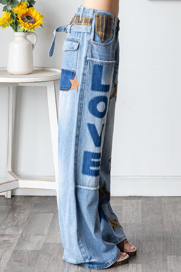 Oli & Hali Washed Star Love Patchwork Jeans