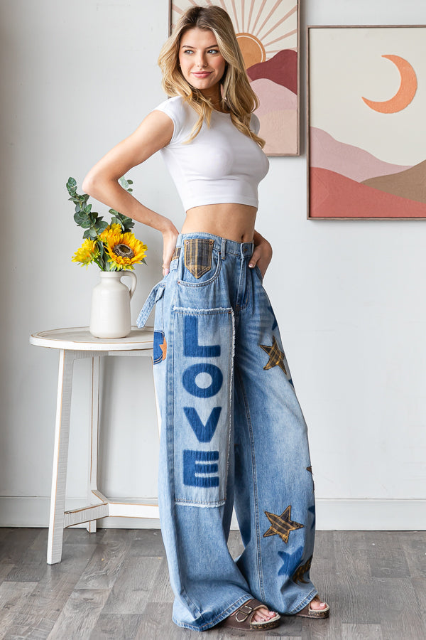 Oli & Hali Washed Star Love Patchwork Jeans