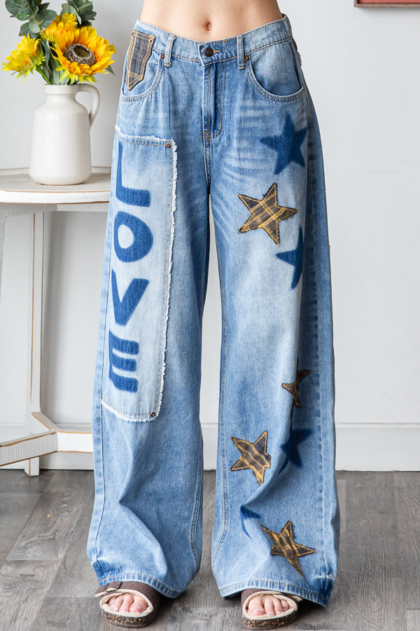 Oli & Hali Washed Star Love Patchwork Jeans