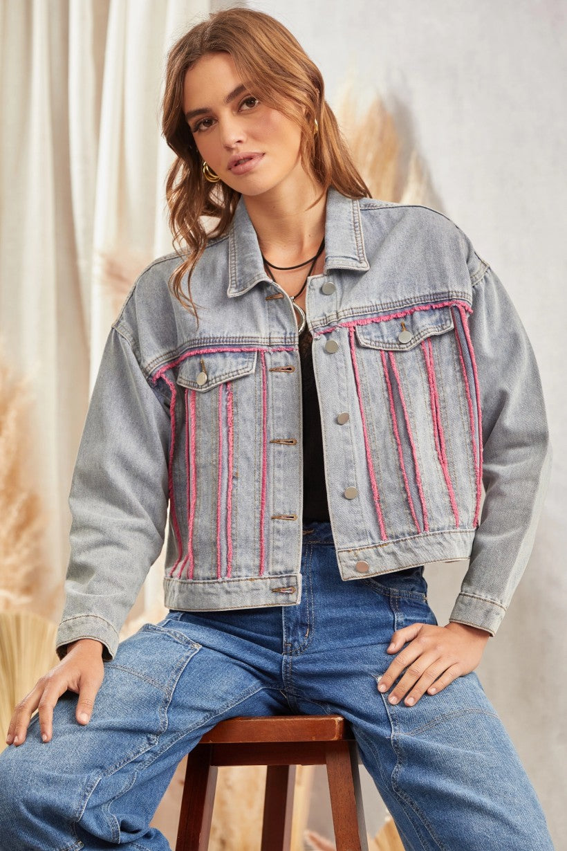 Savannah Denim Jacket with Pink Fringe