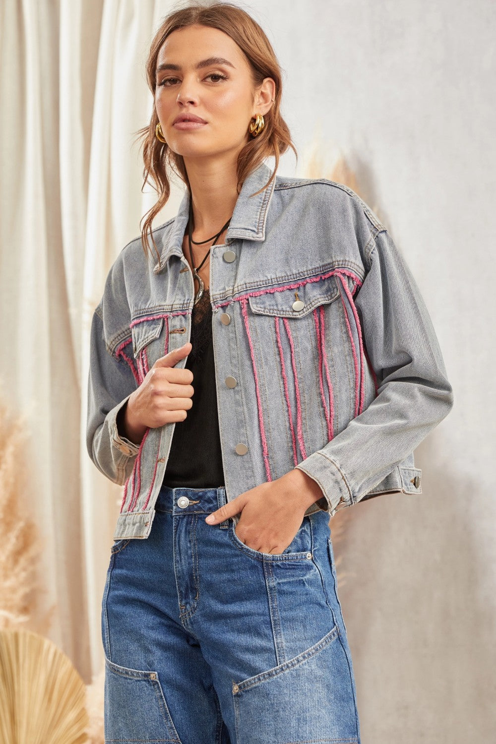 Savannah Denim Jacket with Pink Fringe