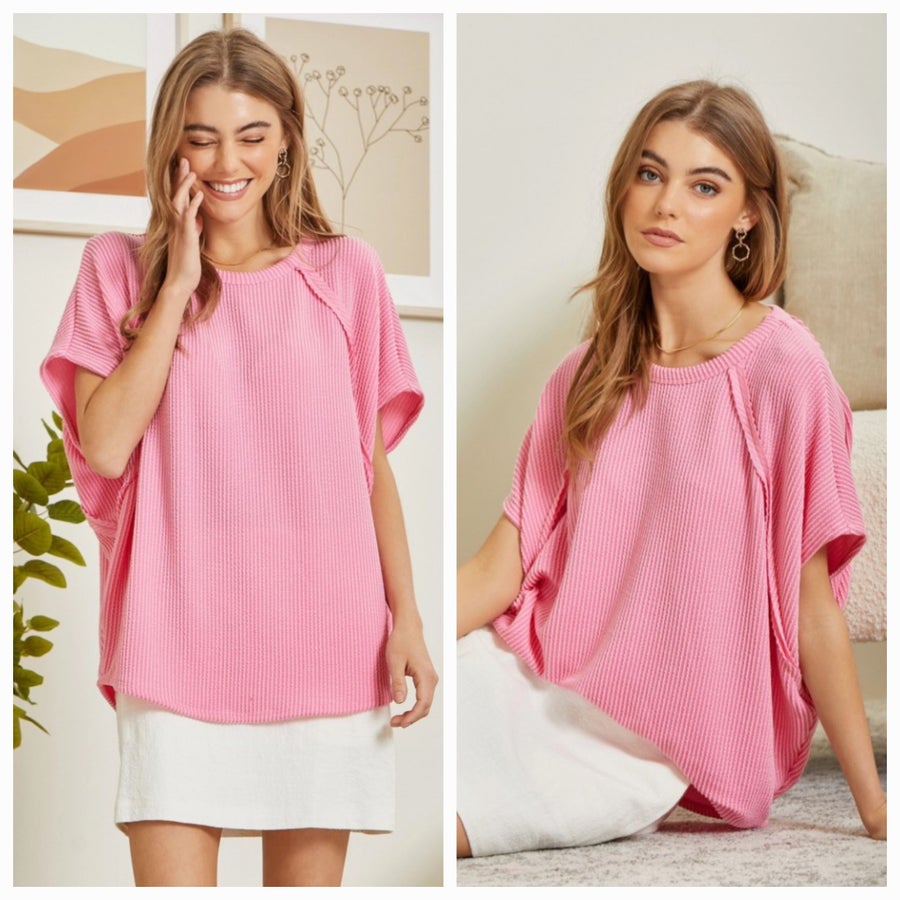 Ribbed Raglan Sleeve Top Coral Pink